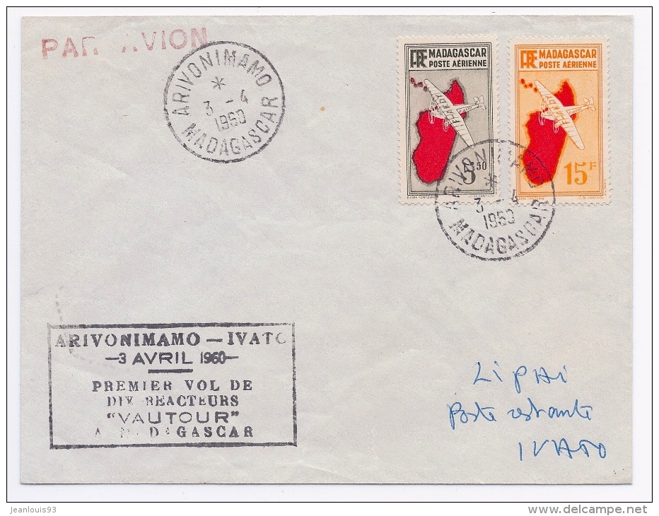 MADAGASCAR - LETTRE AERIENNE PREMIER VOL ARIVONIMAMO - IVATO 1960 - Poste Aérienne