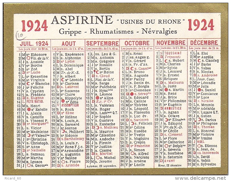 Calendrier 1924, Aspirine Usines Du Rhône - Klein Formaat: 1921-40