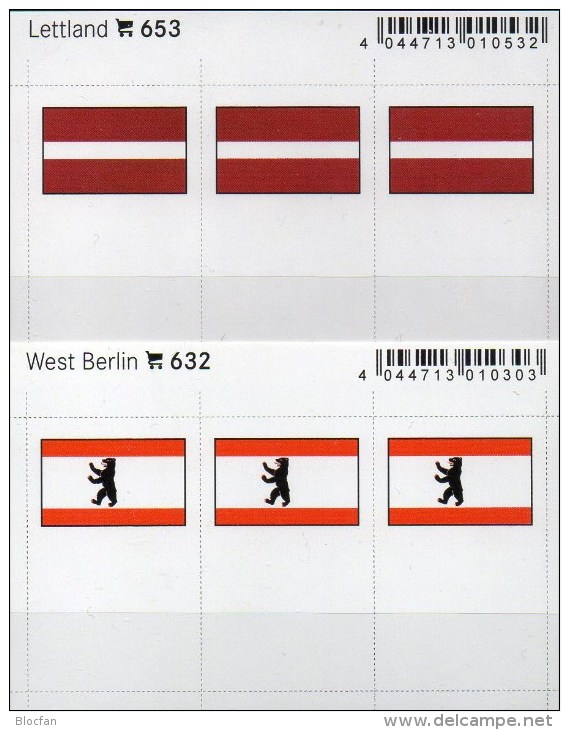 2x3 In Farbe Flaggen-Sticker Lettland+Berlin 7€ Kennzeichnung Alben Karten Sammlung LINDNER 632+653 Flags Latvia Germany - Approval (stock) Cards