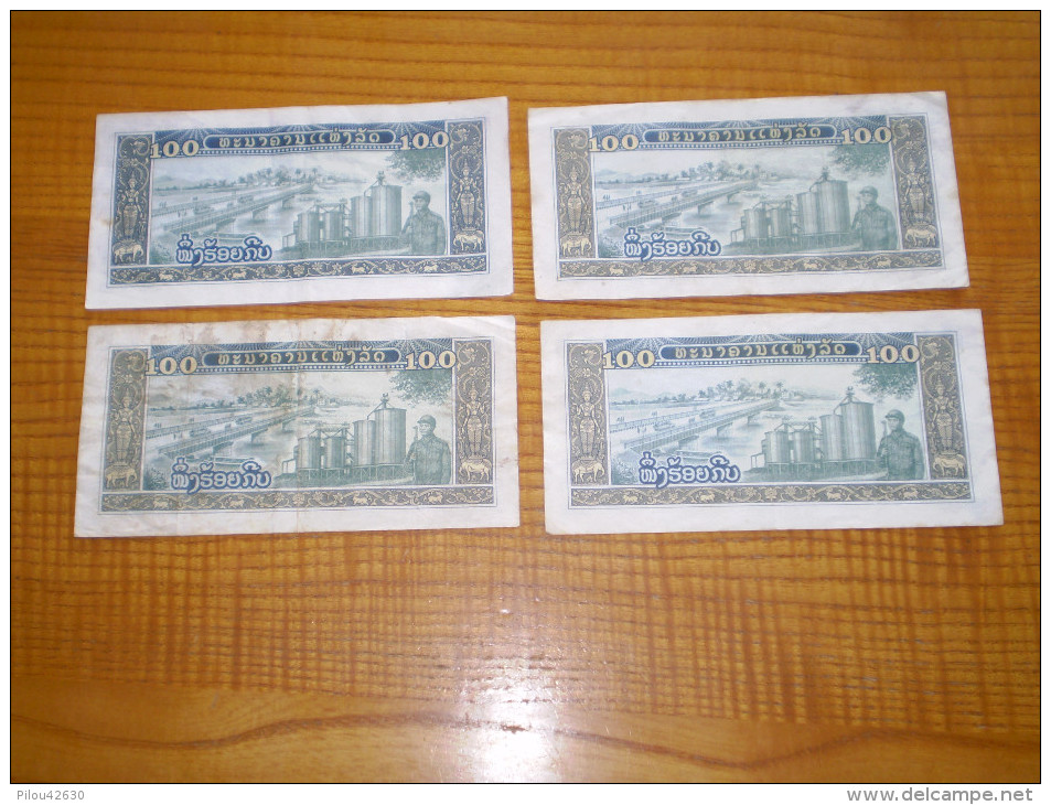 Billets Du Laos : Lot : 4 Billets De 100 : Illustration Marteau & Faucille, Pont, Silos, Agriculture - Laos