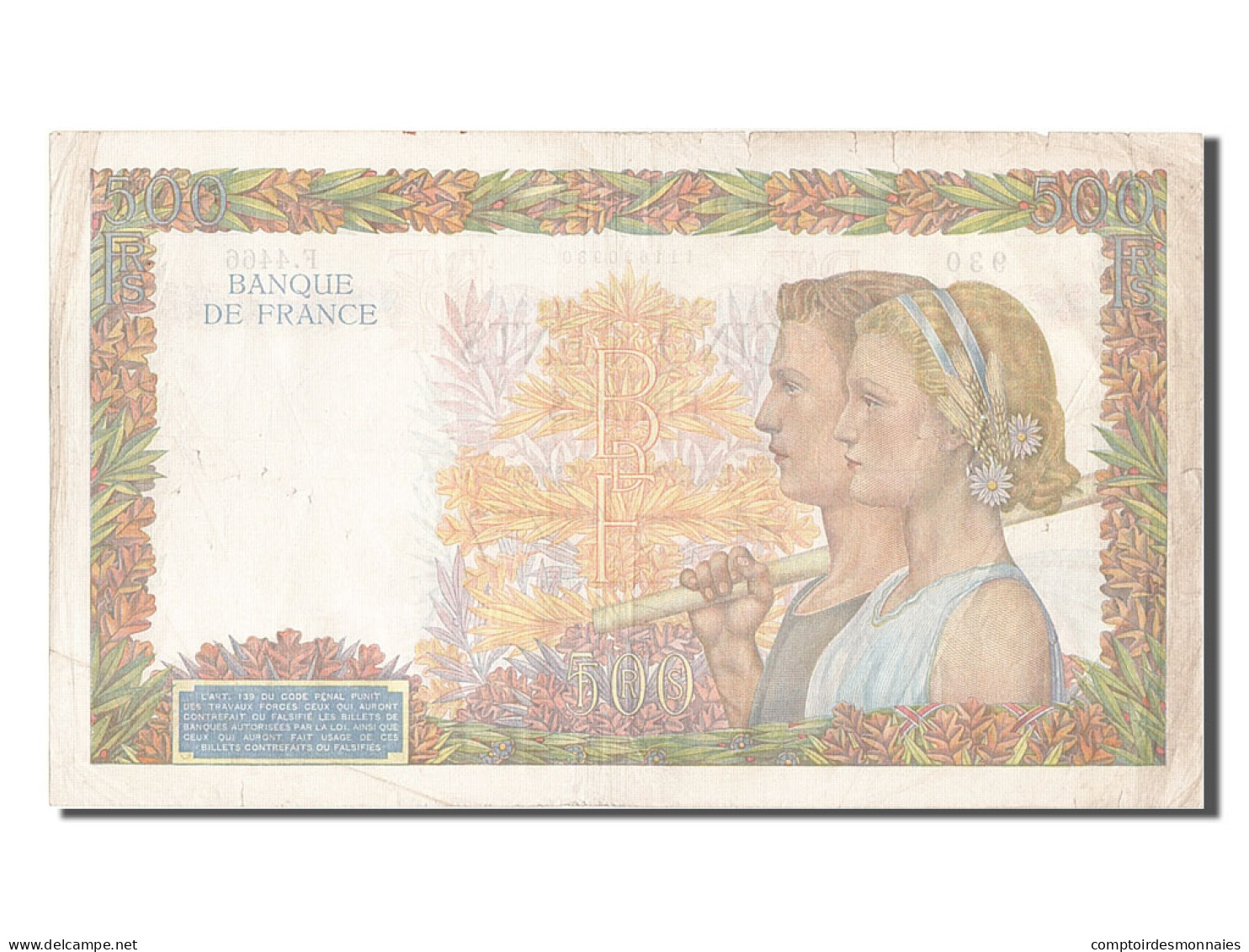 Billet, France, 500 Francs, 500 F 1940-1944 ''La Paix'', 1942, 1942-01-08, TB+ - 500 F 1940-1944 ''La Paix''