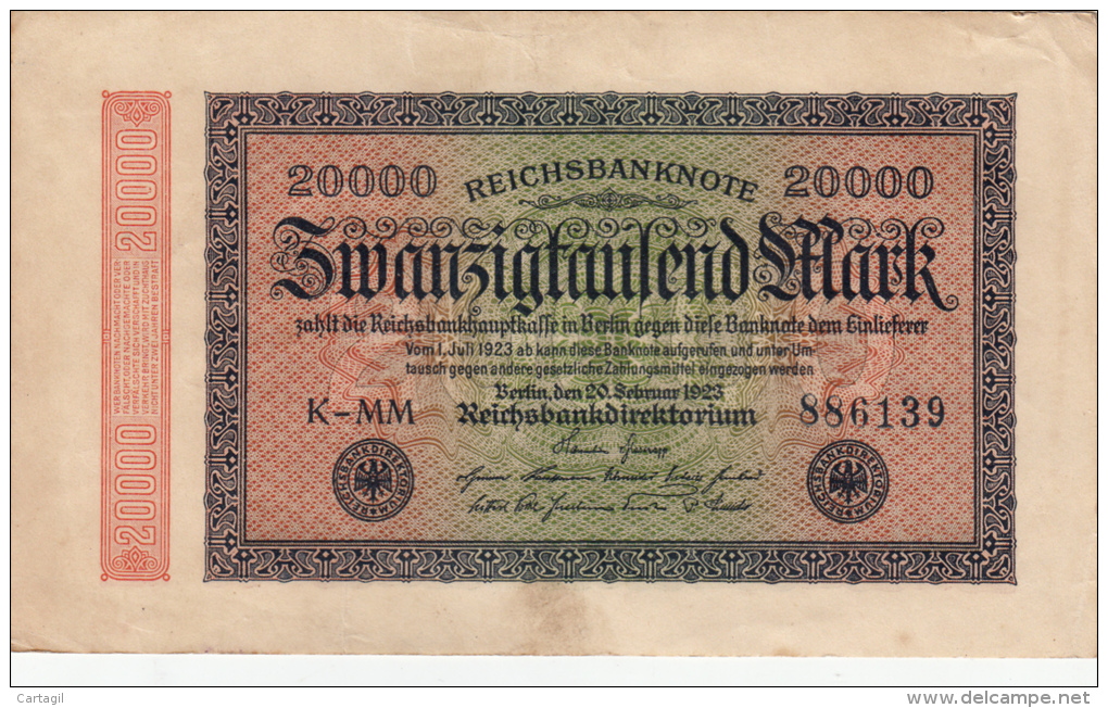 Billets - B1095 -  Allemagne   - Billet  20 000   Mark 1923 ( Type, Nature, Valeur, état... Voir  Double Scan) - 20.000 Mark