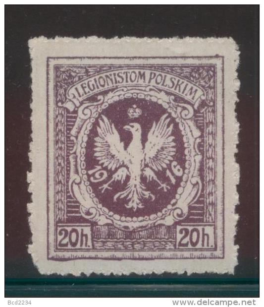 POLAND 1916 POLISH WORLD WAR 1 LEGIONS AUSTRIAN ARMY 20H VIOLET PERFORATE NHM TYPE 1 3 TALONS LEFT FOOT EAGLE - Errors & Oddities