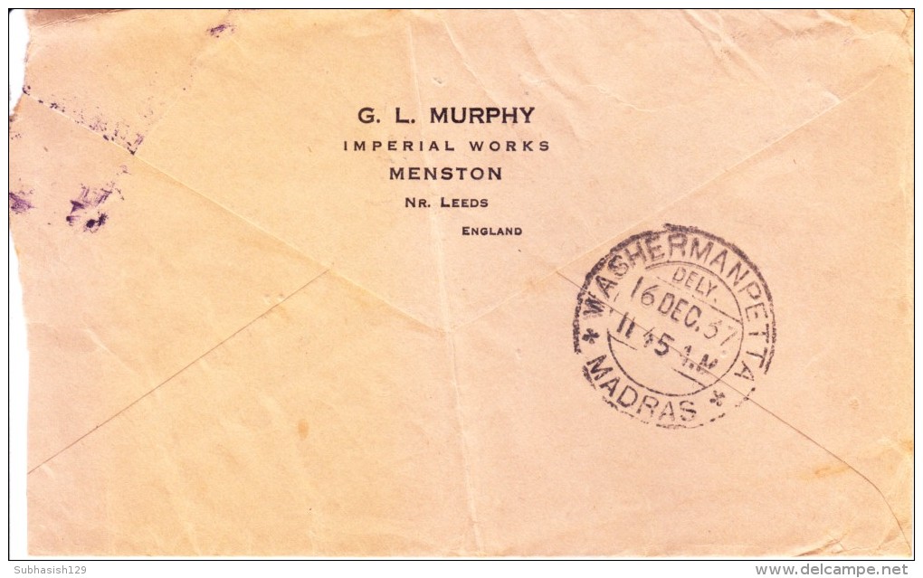 Great Britain 1937 Airmail Cover Posted From Leeds To Madras, India - Used Of 4v One And Half Pence Brown Stamps - Brieven En Documenten