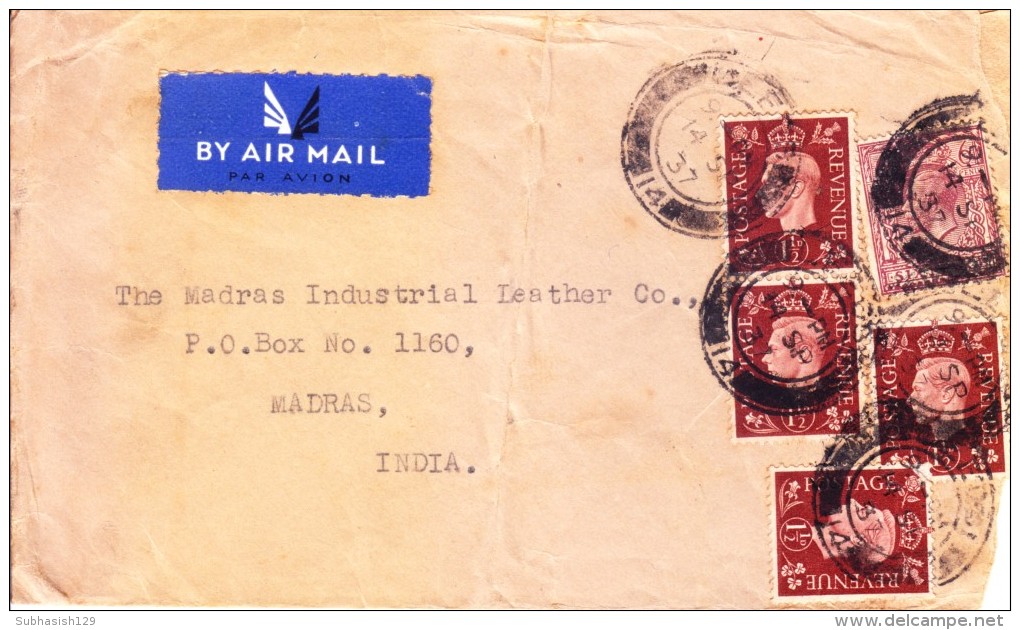 Great Britain 1937 Airmail Cover Posted From Leeds To Madras, India - Used Of 4v One And Half Pence Brown Stamps - Lettres & Documents