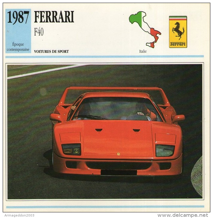 FICHE TECHNIQUE VOITURE  - DÉTAILS CARACTERISTIQUE AU DOS FERRARI F40 1987 / SPORT - Autosport - F1