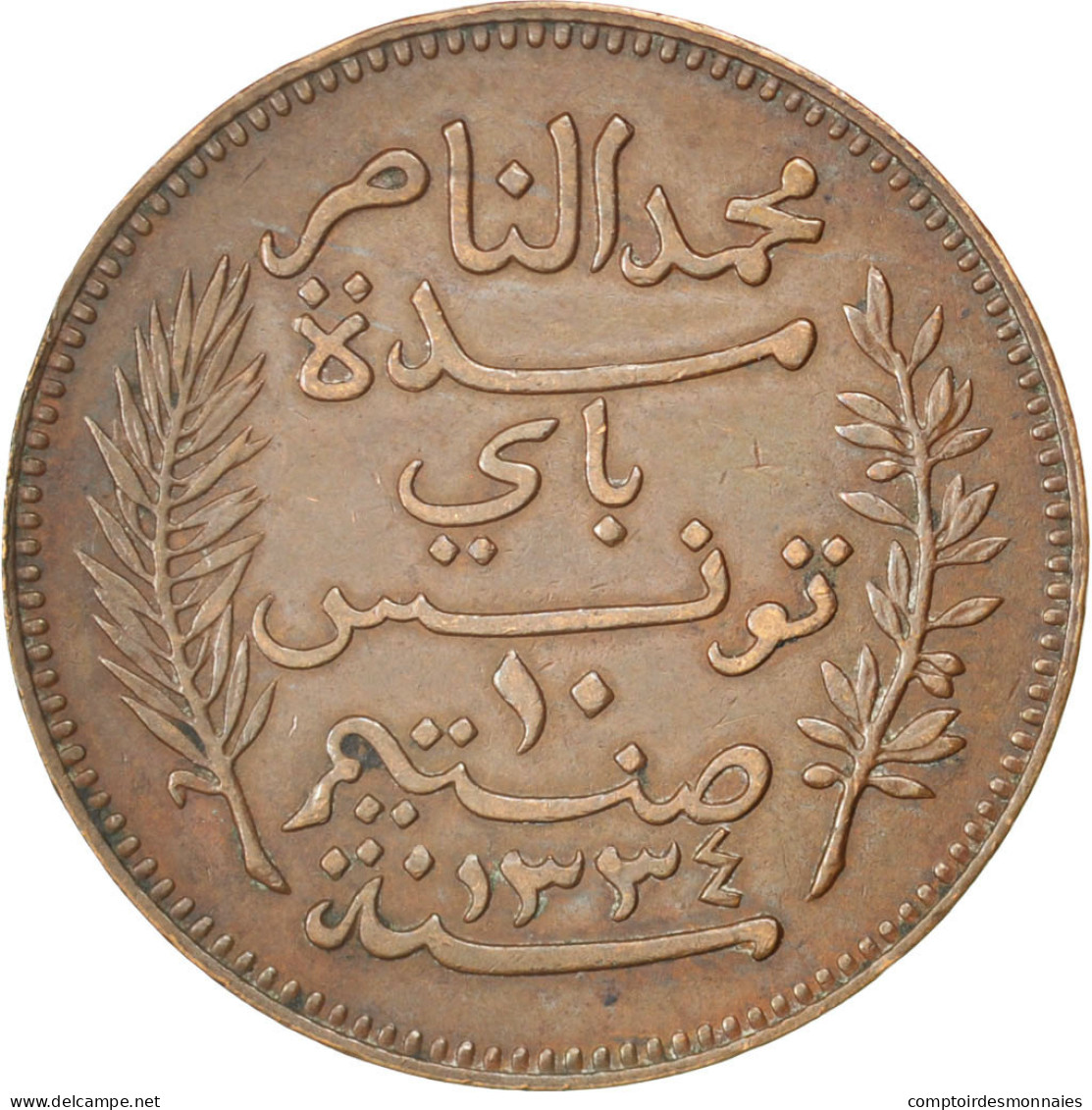 Monnaie, Tunisie, Muhammad Al-Nasir Bey, 10 Centimes, 1916, Paris, TTB+, Bronze - Tunesien