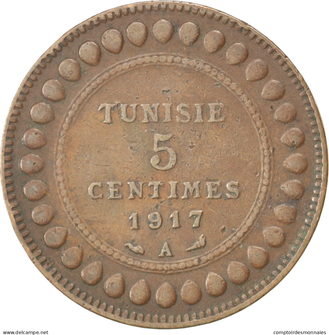 Tunisie, Muhammad Al-Nasir Bey, 5 Centimes, 1917, Paris, Bronze, TTB, KM:235 - Túnez