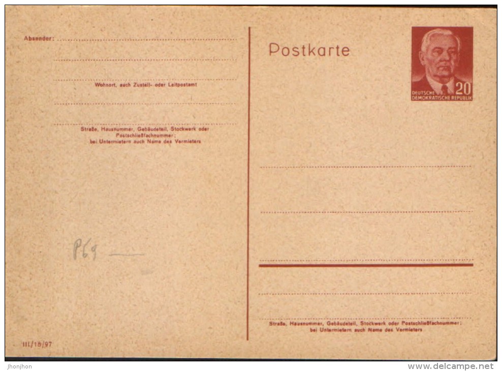 Germany/DDR - Postal Stationery  Postcard, Unused,1956 - P69 ,Wilhelm Pieck - Postales - Nuevos