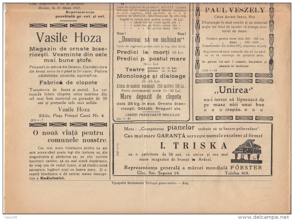 UNIREA NEWSPAPER, CHURCH- POLITIC NEWSPAPER, KING FERDINAND STAMP, 1927, ROMANIA - Other & Unclassified