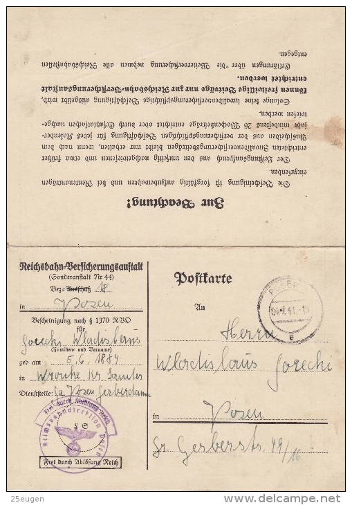 GREMAN OCCUPATION  1941  POSTCARD SENT FROM POZNAN - Other & Unclassified