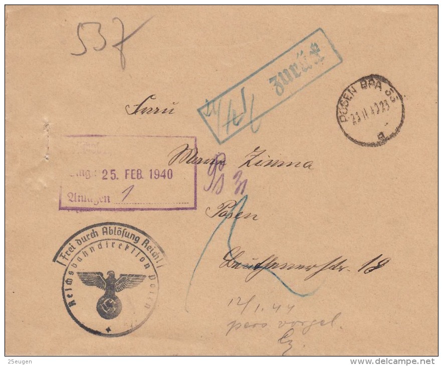 GERMAN OCCUPATION  1940  LETTER SENT FROM POZNAN - Other & Unclassified