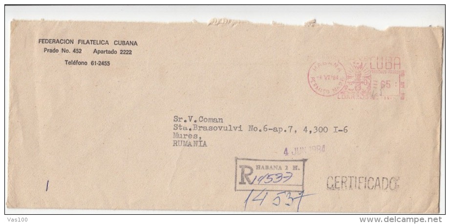 AMOUNT 65, HAVANA, MACHINE RED STAMPS ON REGISTERED COVER, 1984, CUBA - Brieven En Documenten