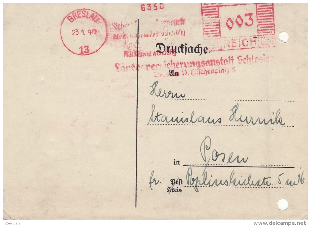 GERMAN OCCUPATION 1940  POSTCARD SENT FROM WROCLAW TO POZNAŃ - Other & Unclassified