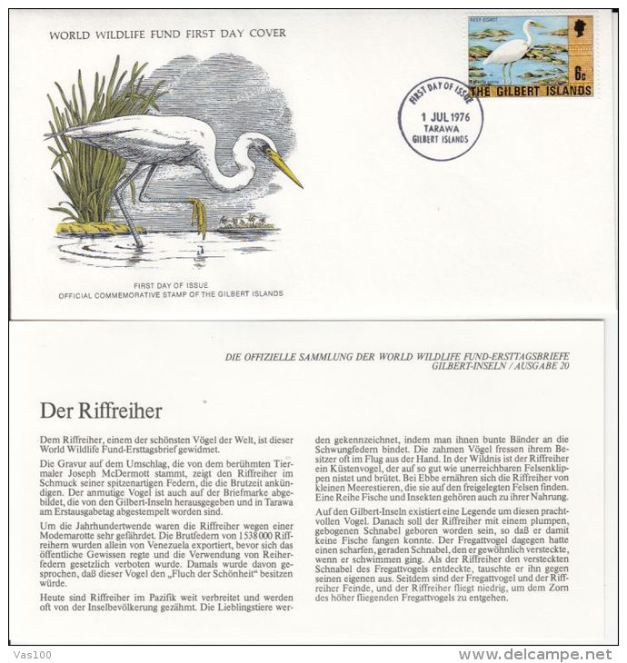 BIRDS, REEF EGRET, WWF- WORLD WILDLIFE FUND, COVER FDC WITH ANIMAL DESCRIPTION SHEET, 1976, GILBERT ISLANDS - Pélicans