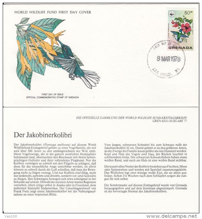 BIRDS, JACOBIN HUMMINGBIRD, WWF- WORLD WILDLIFE FUND, COVER FDC WITH ANIMAL DESCRIPTION SHEET, 1978, GRENADA - Colibris