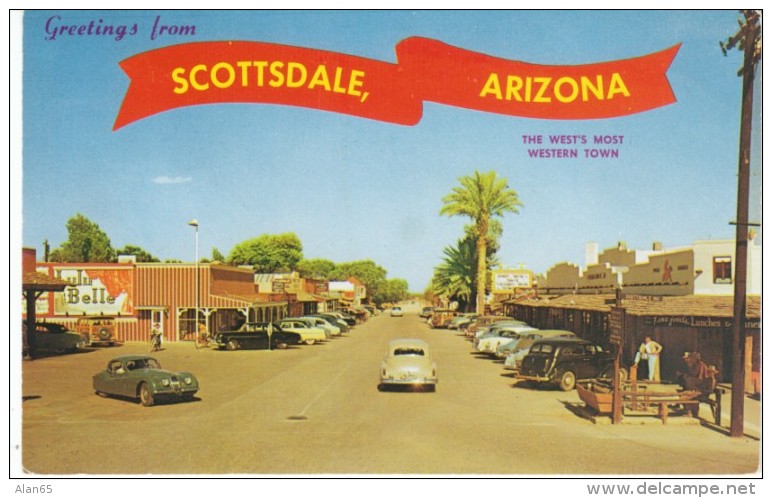 Scottsdale Arizona, Jaguar Sports Car Auto, Street Scene, C1950s Vintage Postcard - Scottsdale