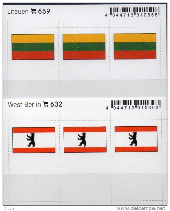 2x3 In Farbe Flaggen-Sticker Litauen+Berlin 7€ Kennzeichnung Alben Karte Sammlung LINDNER 659+632 Flag Lithuiana Germany - Materiaal