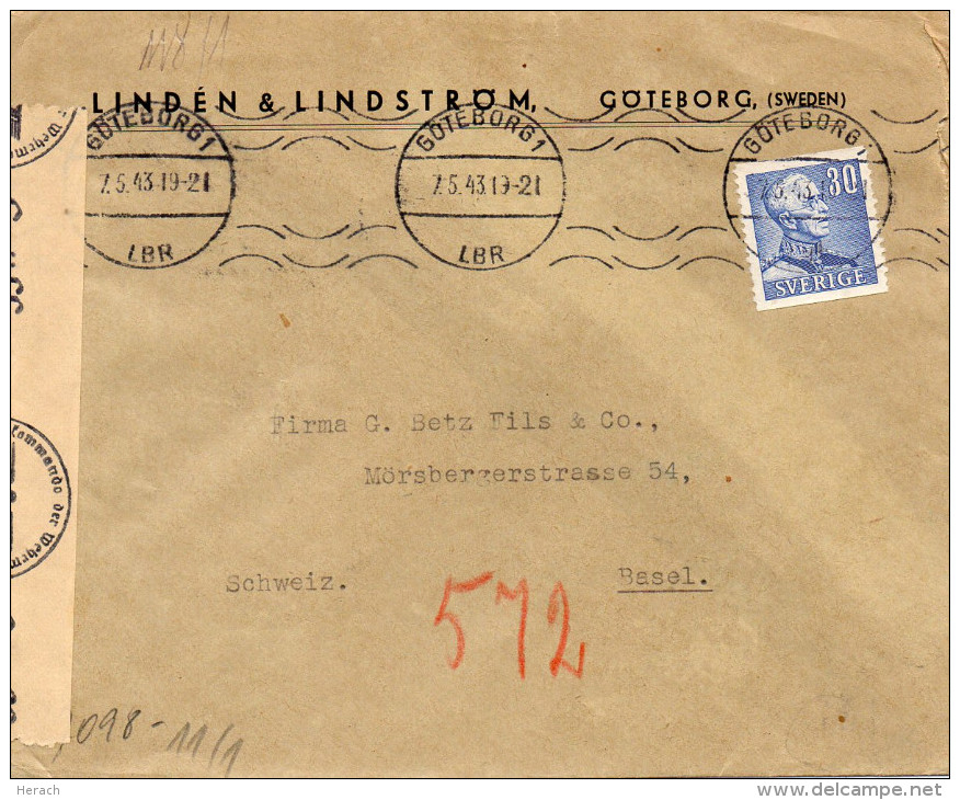 SUEDE LETTRE CENSUREE POUR LA SUISSE 1943 - 1930- ... Rollen II