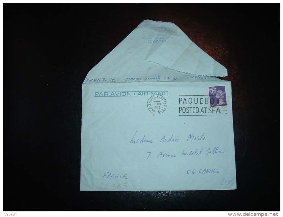 LETTRE "FRANCE CGT FRENCH LINE TP MACHIN 5P OBL.MEC. 1 JLY 1972 SOUTHAMPTON PAQUEBOT - Maritime Post