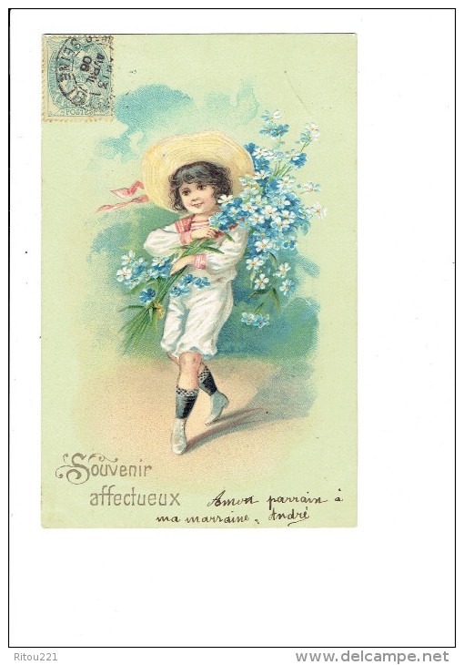 Carte Gaufrée - Souvenir Affectueux - GARCON CHAPEAU BOUQUET DE FLEURS - 1906 - - Sammlungen, Lose & Serien