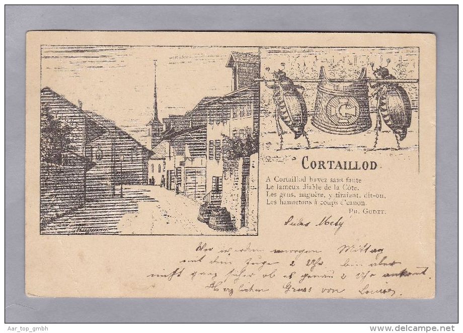 NE CORTAILLOD 1898.V.24 Cortaillod  Vue Du Village Et Hannetons Avec Emblème Dessin Hügenu - Cortaillod