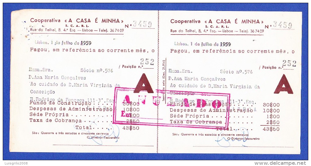 COOPERATIVA "A CASA É MINHA" - RUA DO TELHAL, 8 - 4º  ESQº,  LISBOA -- 1 DE JULHO DE 1959 - Portugal