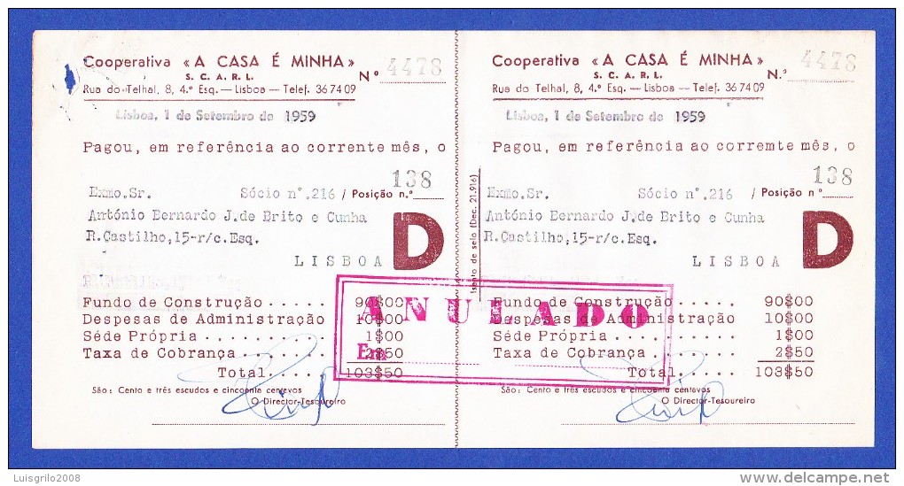 COOPERATIVA " A CASA É MINHA" - RUA DO TELHAL, 8 - 4º ESQº, LISBOA -- 1 DE SETEMBRO DE 1959 - Portugal