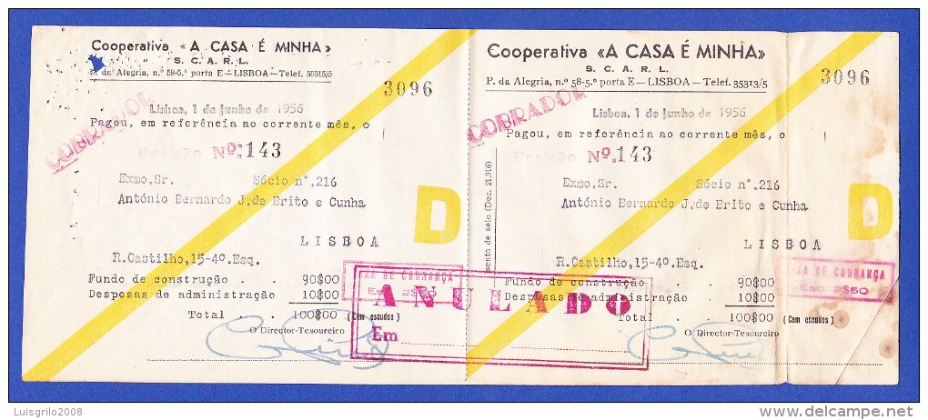 COOPERATIVA " A CASA É MINHA" - RUA DO TELHAL, 8 - 4º ESQº, LISBOA -- 1 DE JUNHO DE 1956 - Portugal