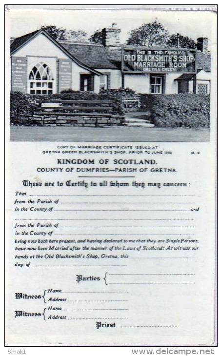 GRETNA GREEN OLD BLACKSMITH'S SHOP MARRIAGE ROOM KINGDOM OF SCOTLAND  COUNTY OF DUMFRIES -PARISH OLD POSTCARD 1930 - Dumfriesshire