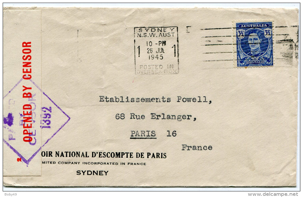 SYDNEY Enveloppe De 1945 Pour PARIS Contrôle De La Censure ( 2 Scans) - Bolli E Annullamenti