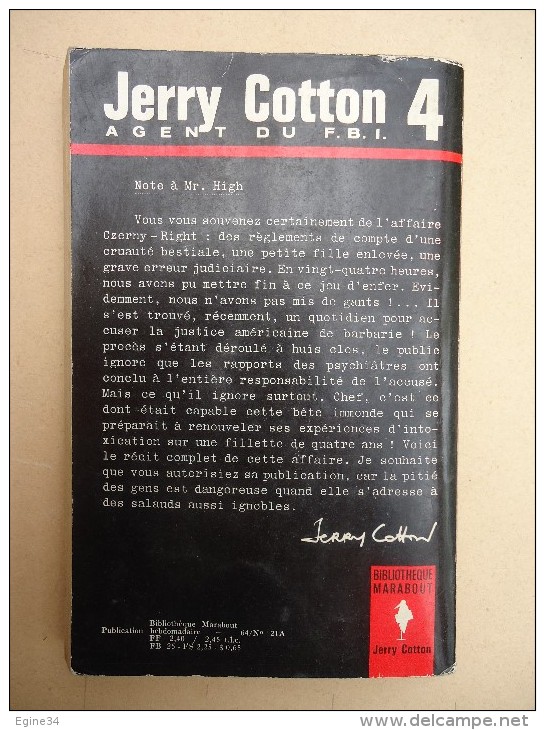Bibliothèque Marabout - No 4 - Jerry Cotton - Jeux D'Enfer à Manhattan - Une Enquête Du F.B.I. - Marabout