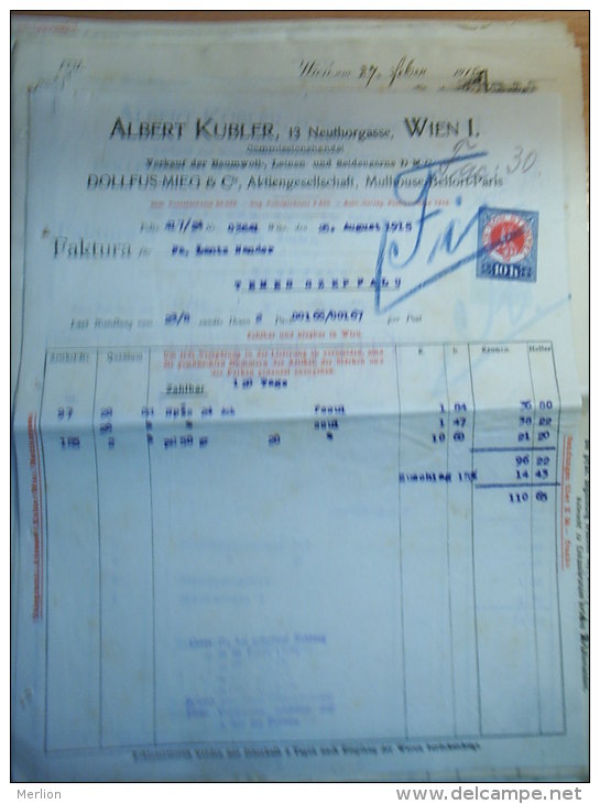 Austro-Hungary -  Austria WIEN - Albert Kubler  13 Neuthorgasse - Dollfus -MIEG  Rechnung INVOICE  From  1915   S3.13 - Oostenrijk