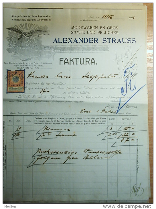 Austria   - WIEN  II - ALEXANDER STRAUSS - Modewaren  -Ferdinandstrasse 27  Rechnung - NVOICE  From  1913  S5.08 - Oostenrijk