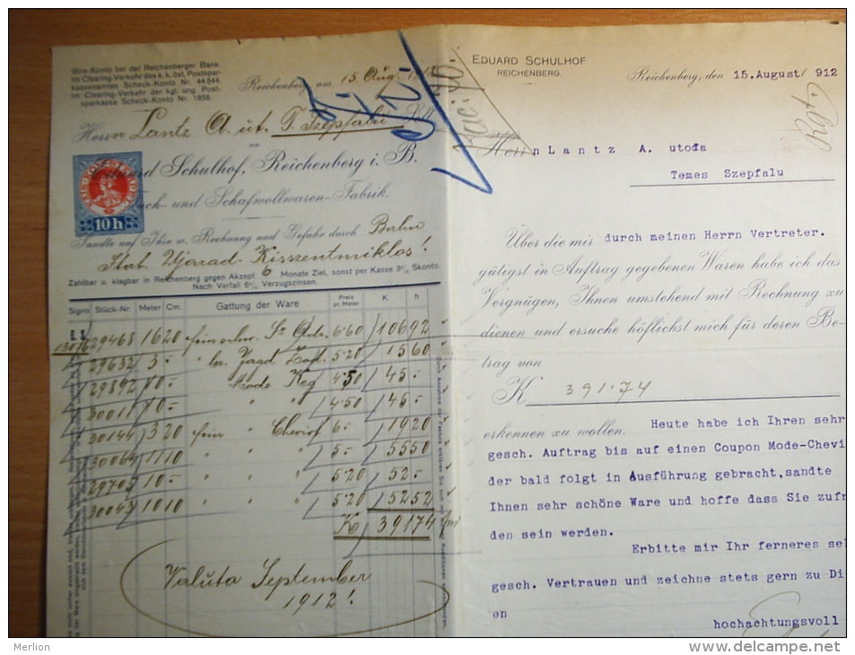 Austria Czech Rep. Reichenberg I.B. Liberec - Eduard Schulhof Tuch Und Schafwollwaren - INVOICE  From  1912  S9.02 - Österreich