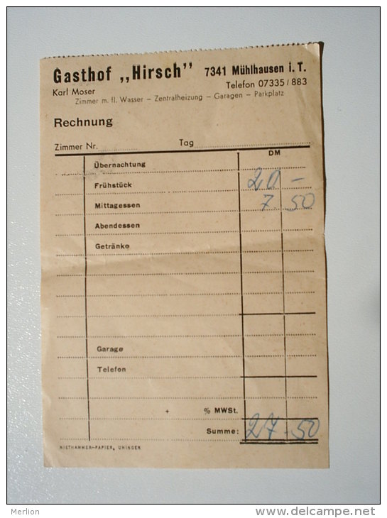 Deutschland - Gasthof Hirsch - 7341 - Mülhausen I.T.  - Rechnung  27.50 DM  S9.03 - Andere & Zonder Classificatie