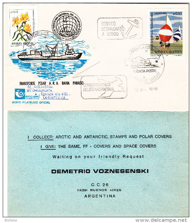 Philatélie Polaire - Fleurs - Voiliers - Argentine - Lettre De 1990 - Oblitération Rompehielos - Hélicoptère - Encre - Spedizioni Antartiche