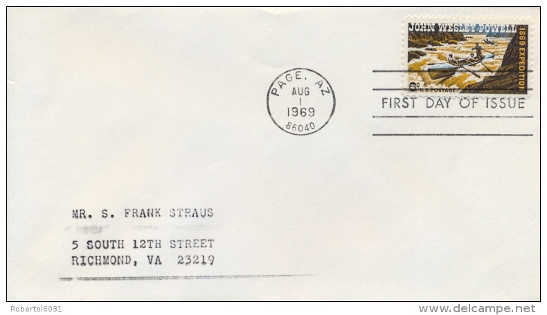 USA 1969 FDC Centenary Of The John Wesley Powell Expedition Along The Green And Colorado Rivers - Explorers