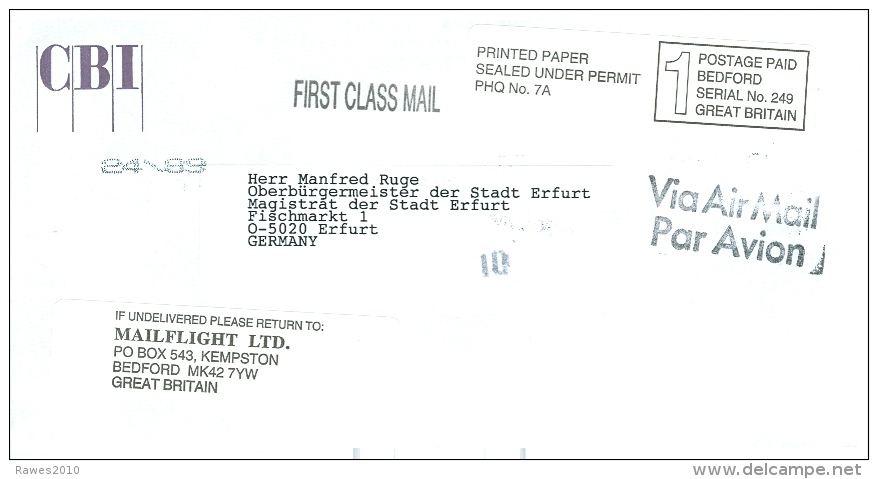 Grossbritannien Bedford Postage Paid 1992 Label First Class Mail Via Air Mail CBI Cebtre Point Brief Nach Deutschland - Lettres & Documents