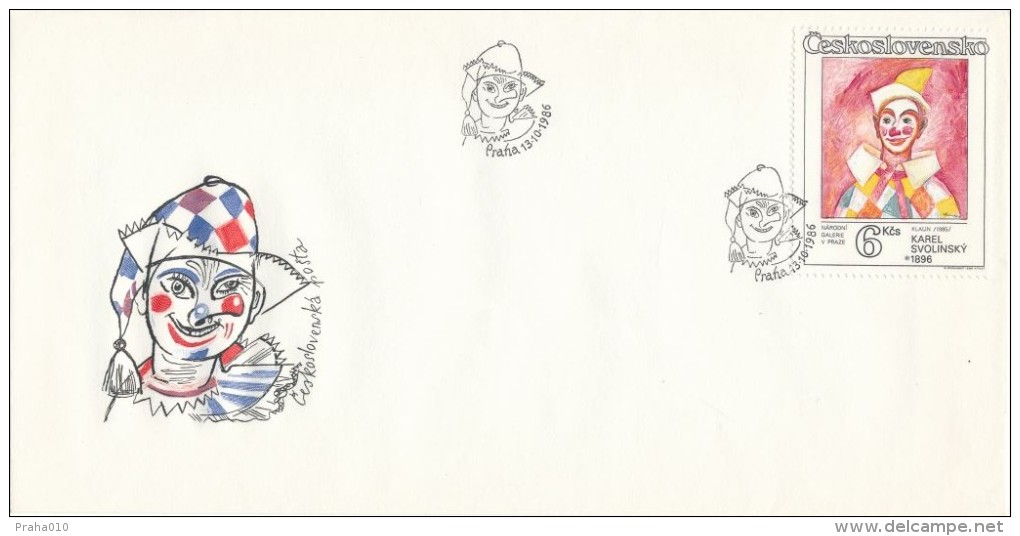 Czechoslovakia / First Day Cover (1986/22 D), Praha - Theme: Karel Svolinsky "Clown" (1985) - Circus