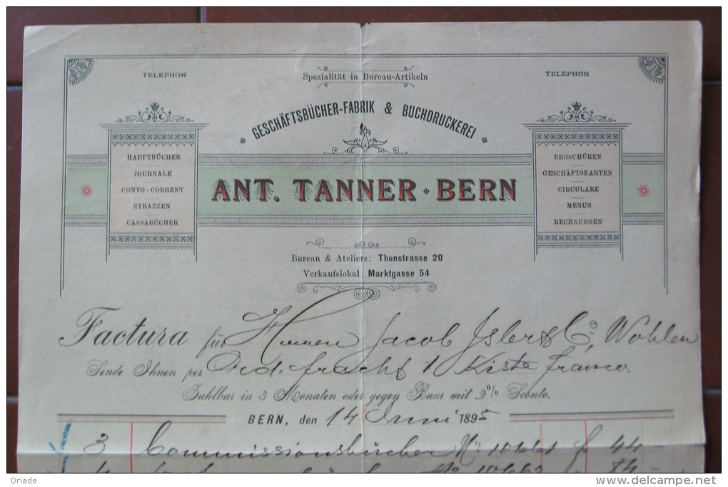 FATTURA BERNA ANT. TANNER  GESCHAFTSBUCHER FABRIK & BUCHDRUCKEREI ANNO 1895 SVIZZERA - Switzerland