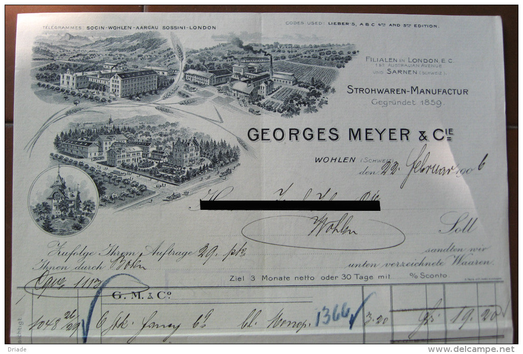 FATTURA GEORGES MEYER % C. STROHWAREN MANUFACTUR WOHLEN SVIZZERA ANNO 1906 - Switzerland