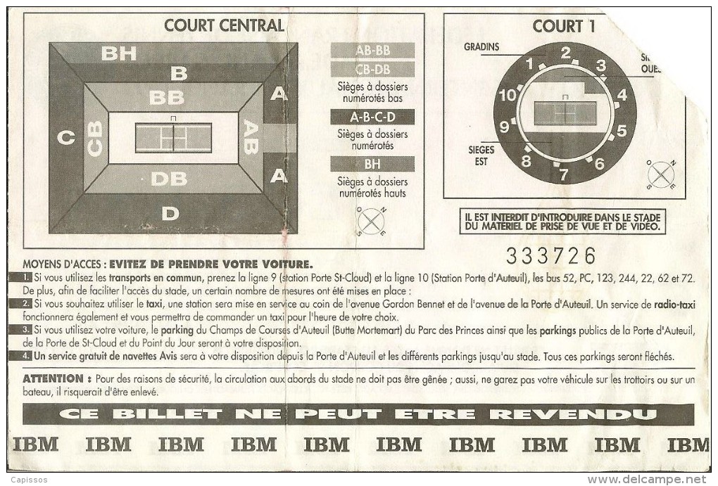 Internationaux De France 1993 Billet Entrée Central Jeudi 3 Juin - Other & Unclassified