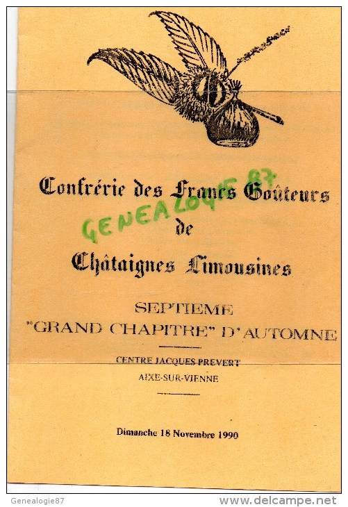 87- AIXE SUR VIENNE - MENU CONFRERIE FRANCS GOUTEURS CHATAIGNES-CHATAIGNE- JACQUES PREVERT-18-11-1990 - Menus