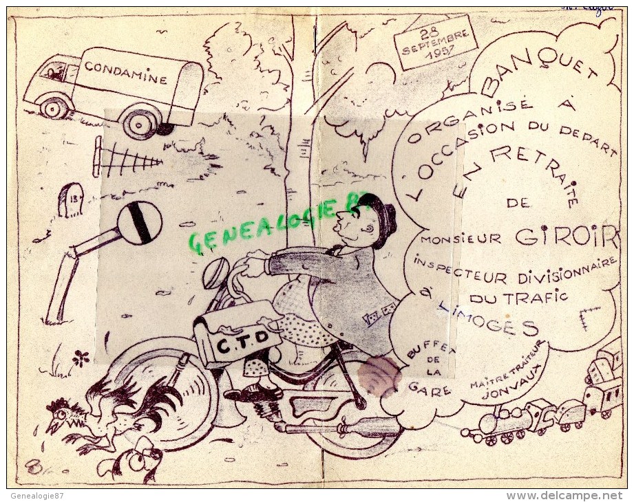 87 - LIMOGES - BANQUET DEPART RETRAITE M. GIROIR INSPECTEUR DIVISIONNAIRE TRAFIC- 28-9-1957- TRAITEUR JONVAUX-CONDAMINE - Menus