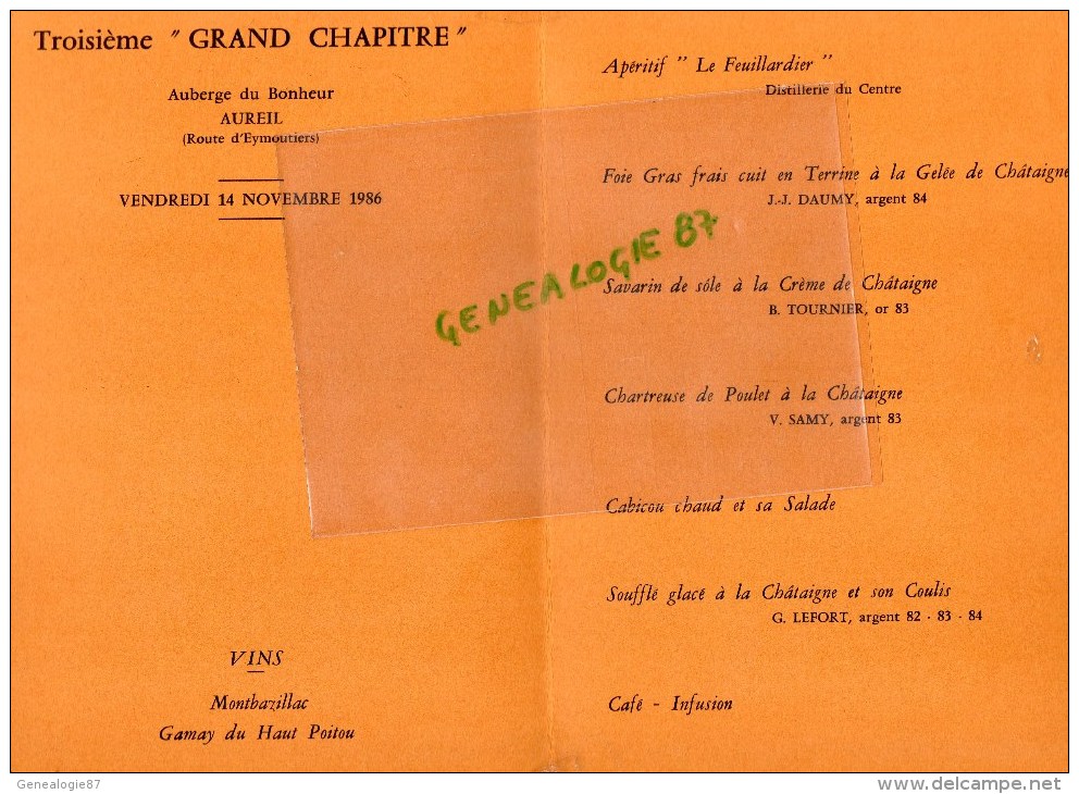 87 - AUREIL- MENU FRANCS GOUTEURS CHATAIGNES-  AUBERGE DU BONHEUR RTE EYMOUTIERS-14-11-1986 - Menus