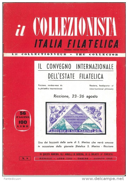 Rivista Il Collezionista, Bolaffi Editore N. 8 Anno 1952 - Italienisch (ab 1941)