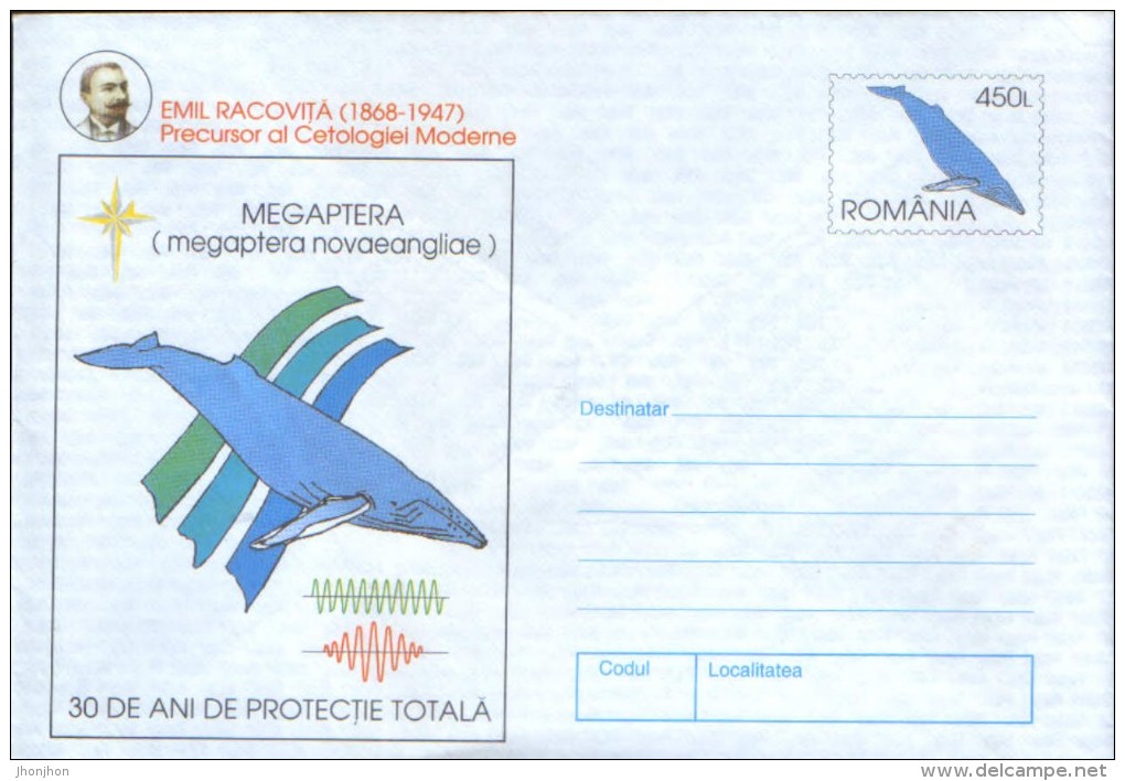 Romania- Postal Stationery Cover Unused 1997- Whales,Megaptera ; E.Racovita Precursor Of Modern Cetologie - Whales