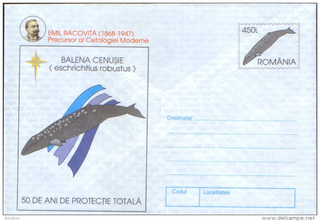 Romania- Postal Stationery Cover Unused 1997-Whale, Gray ; E.Racovita Precursor Of Modern Cetologie - Whales
