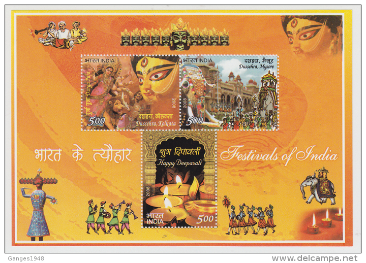 India  2008  Festiwals  Goddess Kali / Durga  Elephants  3v   Sovenir Sheet # 62492  Inde Indien - Induismo